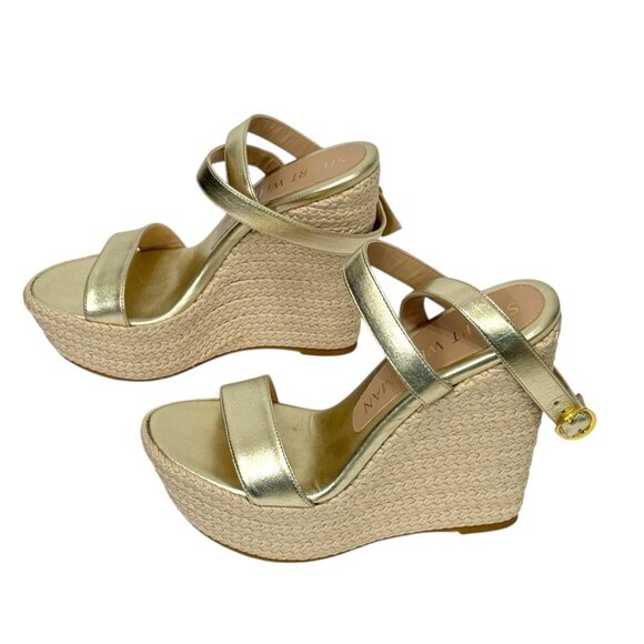 Stuart Weitzman NWOT Alex Platform Wedge Sandals Woven Raffia Gold Size 6.5 - Picture 4 of 14